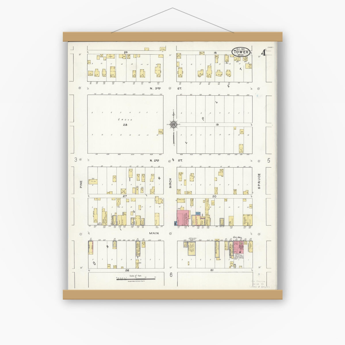 Old map wall art mockup — magnetic wood frame on white wall — Sanborn Fire Insurance Map from Tower, Saint Louis County, Minnesota (1921), Sheet #0004
