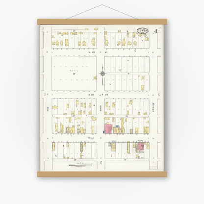 Old map wall art mockup — magnetic wood frame on white wall — Sanborn Fire Insurance Map from Tower, Saint Louis County, Minnesota (1921), Sheet #0004