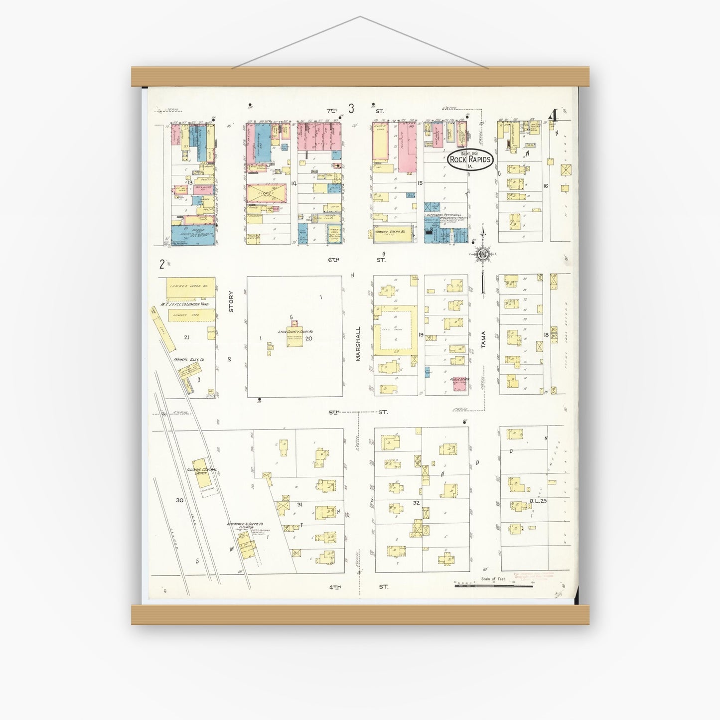 Old map wall art mockup — magnetic wood frame on white wall — Sanborn Fire Insurance Map from Rock Rapids, Lyon County, Iowa (1913), Sheet #0004