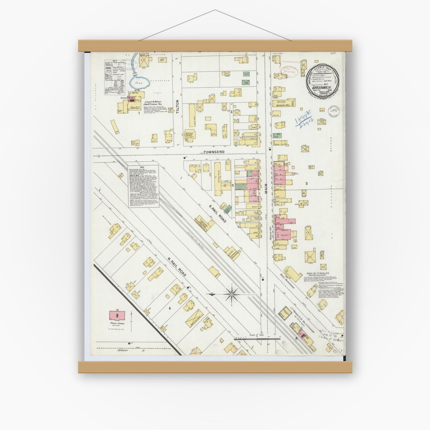Old map wall art mockup — magnetic wood frame on white wall — Sanborn Fire Insurance Map from Greenwich, Huron County, Ohio (1899), Sheet #0001