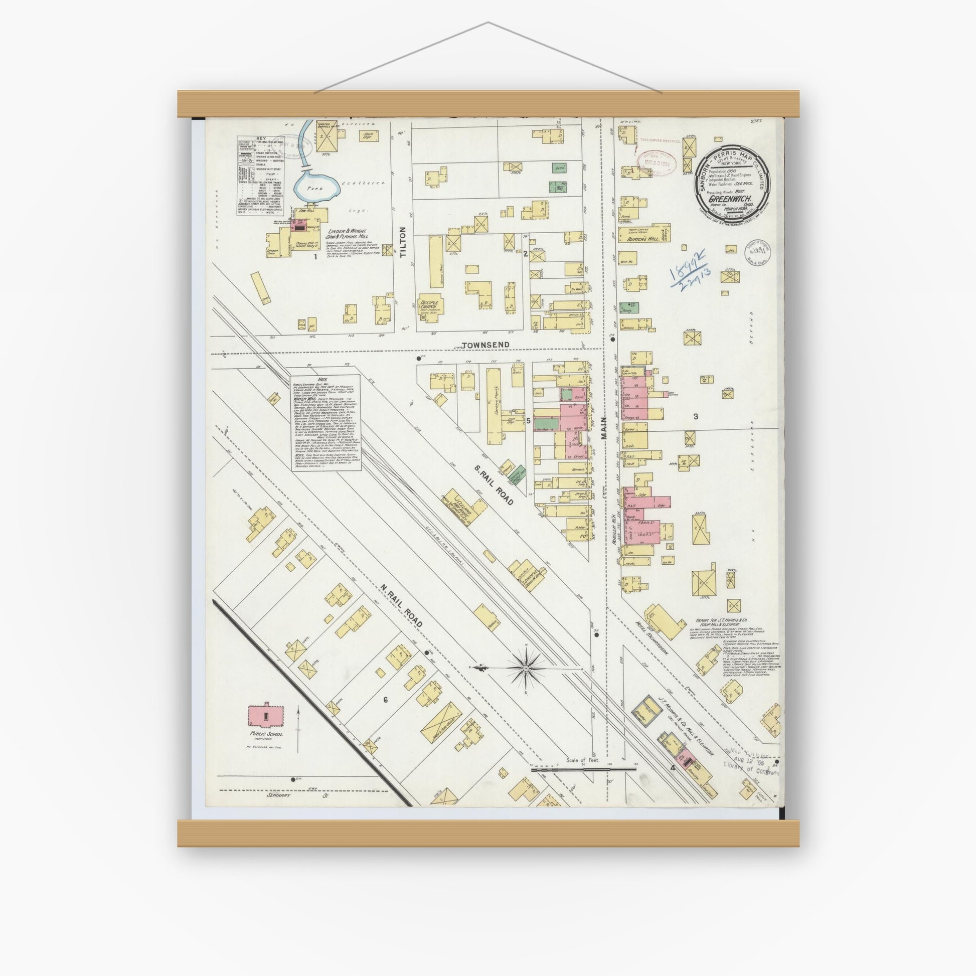 Old map wall art mockup — magnetic wood frame on white wall — Sanborn Fire Insurance Map from Greenwich, Huron County, Ohio (1899), Sheet #0001