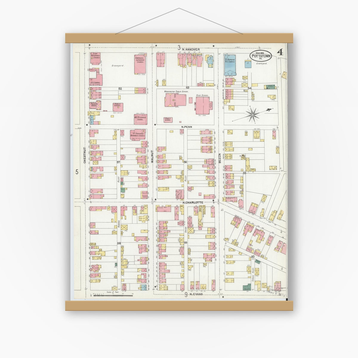 Old map wall art mockup — magnetic wood frame on white wall — Sanborn Fire Insurance Map from Pottstown, Montgomery County, Pennsylvania (1902), Sheet #0004