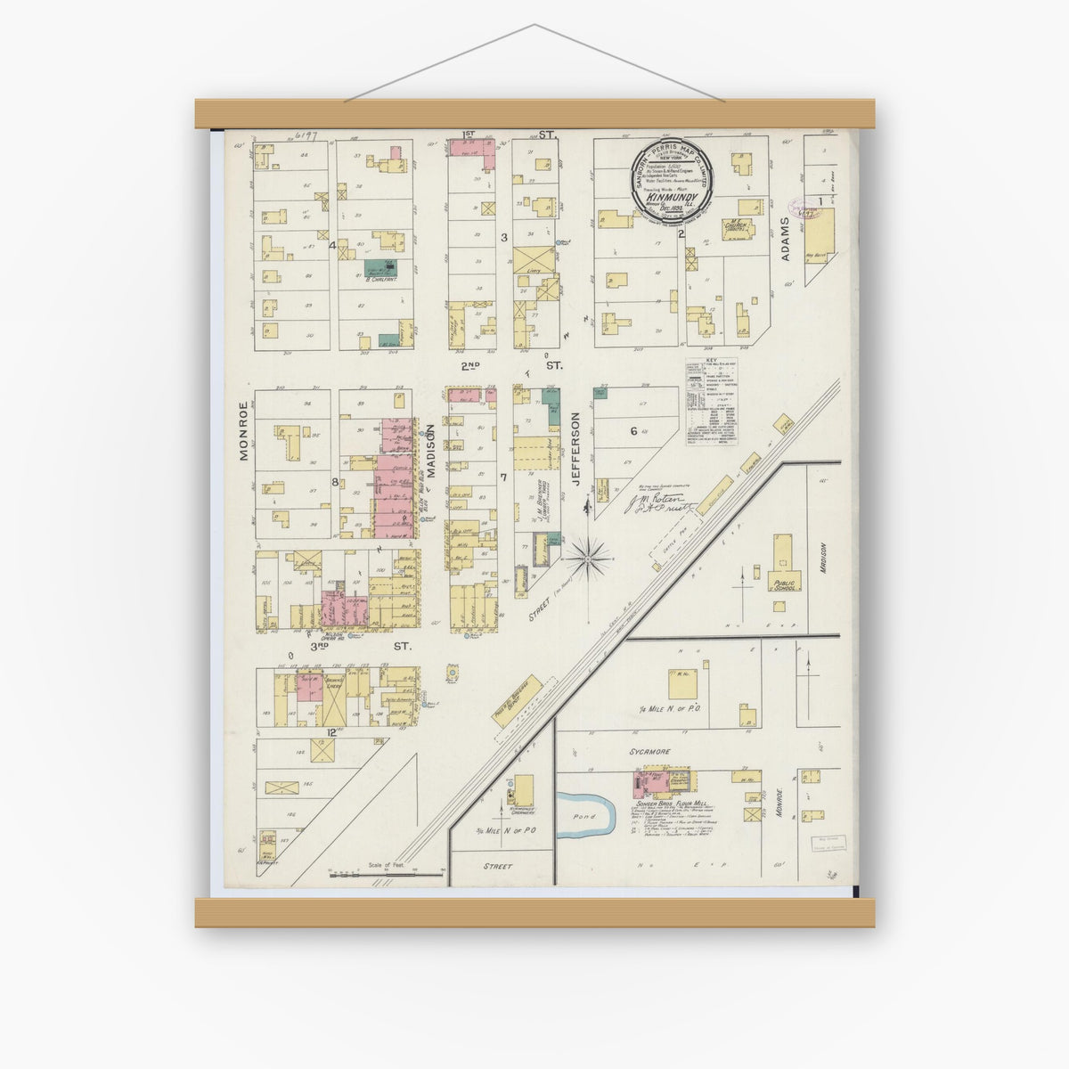 Old map wall art mockup — magnetic wood frame on white wall — Sanborn Fire Insurance Map from Kinmundy, Marion County, Illinois (1893), Sheet #0001