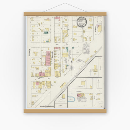Old map wall art mockup — magnetic wood frame on white wall — Sanborn Fire Insurance Map from Kinmundy, Marion County, Illinois (1893), Sheet #0001