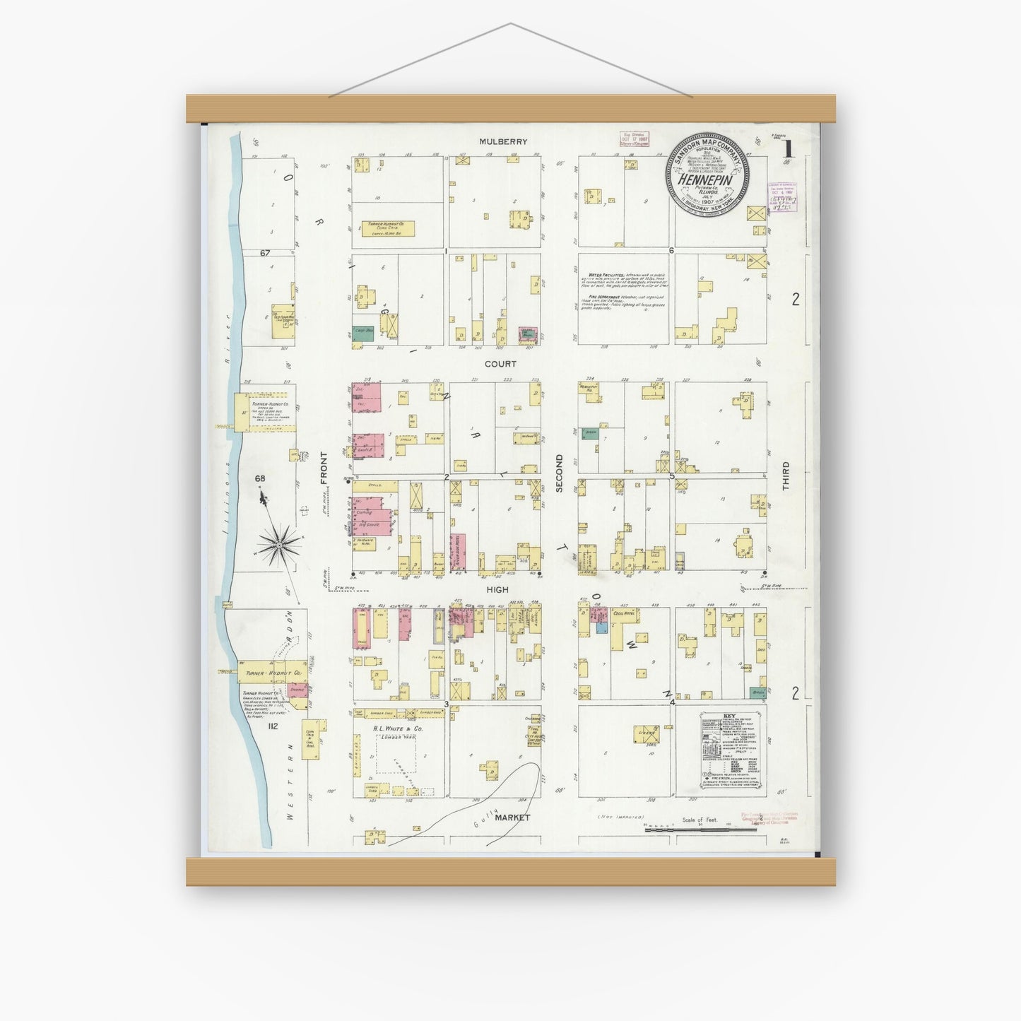 Old map wall art mockup — magnetic wood frame on white wall — Sanborn Fire Insurance Map from Hennepin, Putnam County, Illinois (1907), Sheet #0001