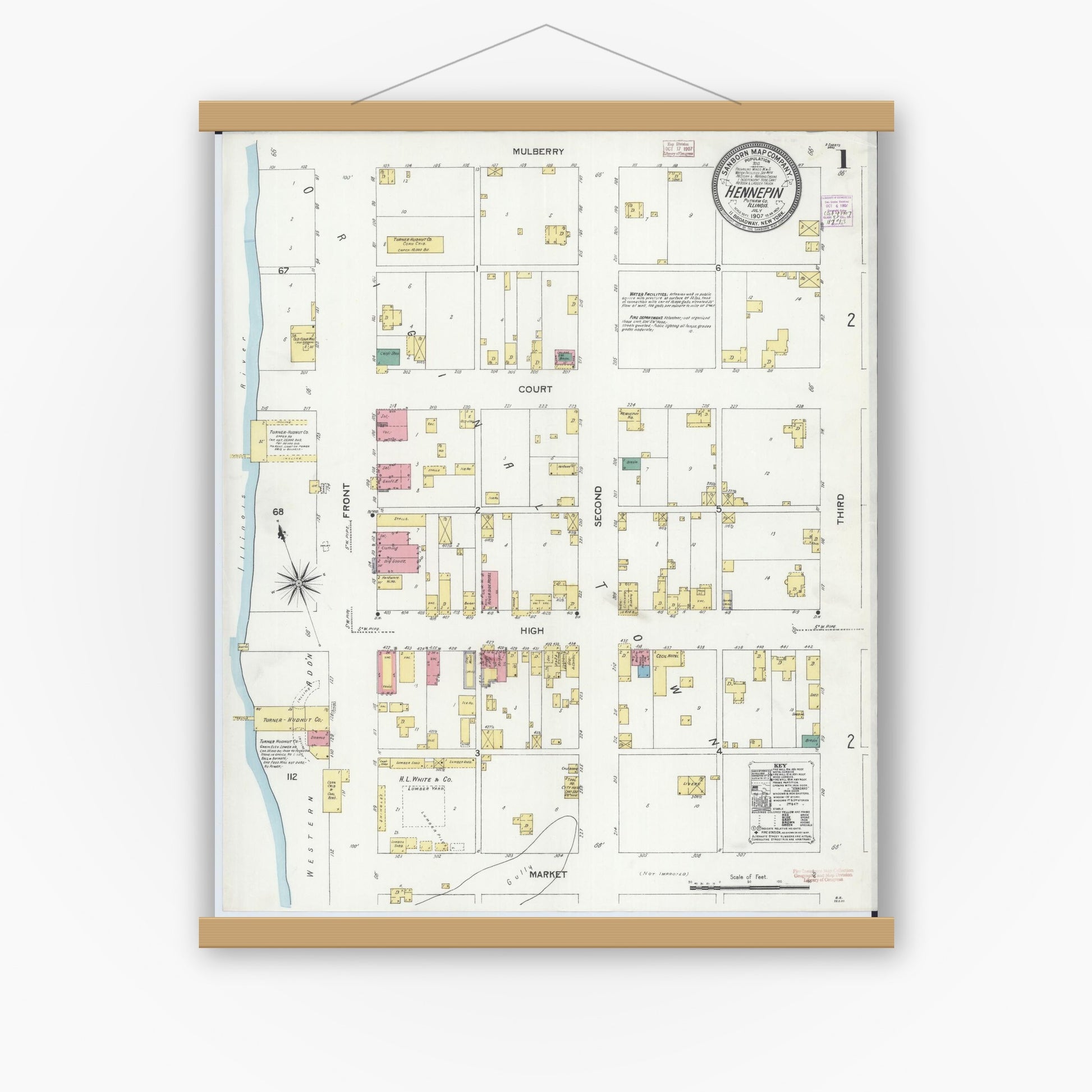 Old map wall art mockup — magnetic wood frame on white wall — Sanborn Fire Insurance Map from Hennepin, Putnam County, Illinois (1907), Sheet #0001