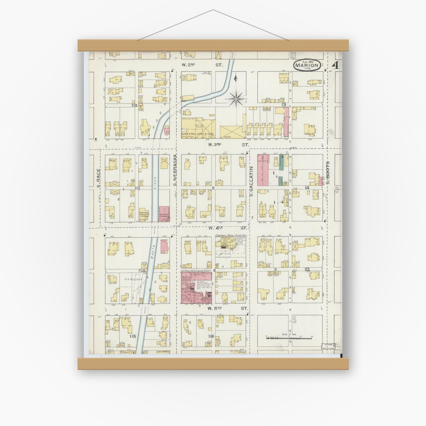 Old map wall art mockup — magnetic wood frame on white wall — Sanborn Fire Insurance Map from Marion, Grant County, Indiana (1893), Sheet #0004