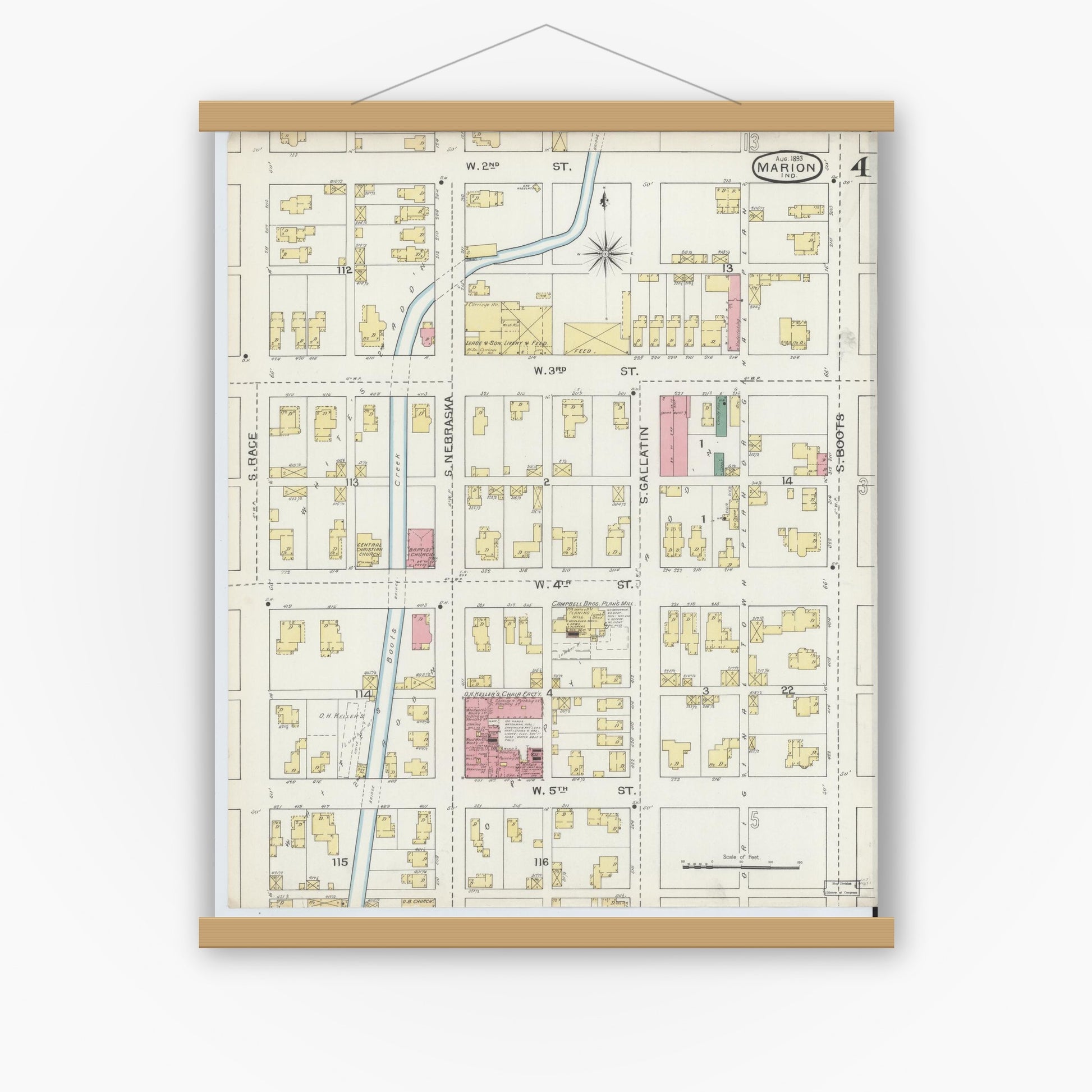 Old map wall art mockup — magnetic wood frame on white wall — Sanborn Fire Insurance Map from Marion, Grant County, Indiana (1893), Sheet #0004