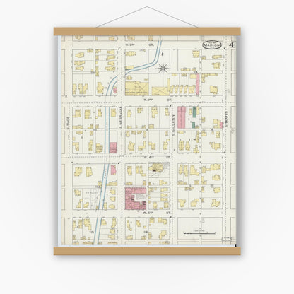Old map wall art mockup — magnetic wood frame on white wall — Sanborn Fire Insurance Map from Marion, Grant County, Indiana (1893), Sheet #0004