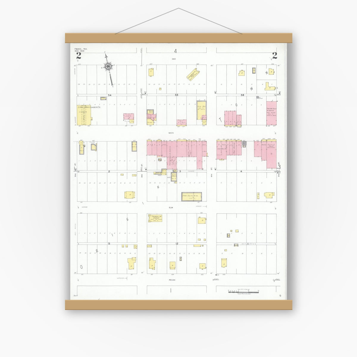 Old map wall art mockup — magnetic wood frame on white wall — Sanborn Fire Insurance Map from Frisco, Collin County, Texas (1949), Sheet #0002