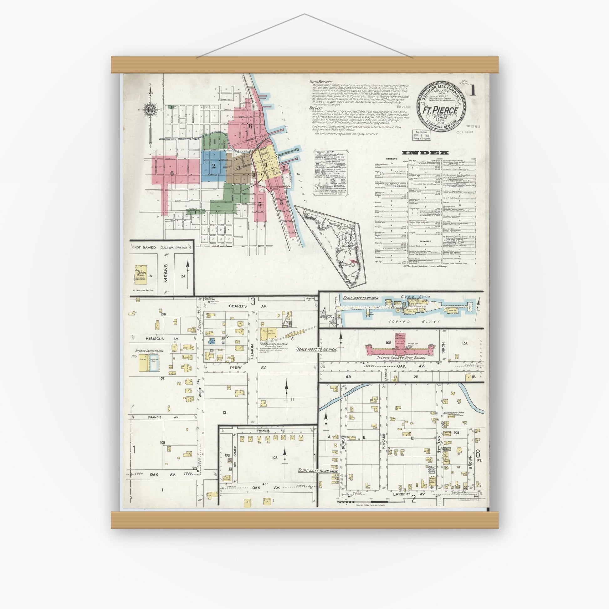 Old map wall art mockup — magnetic wood frame on white wall — Sanborn Fire Insurance Map from Fort Pierce, St Lucie County, Florida (1918), Sheet #0001
