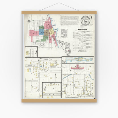 Old map wall art mockup — magnetic wood frame on white wall — Sanborn Fire Insurance Map from Fort Pierce, St Lucie County, Florida (1918), Sheet #0001