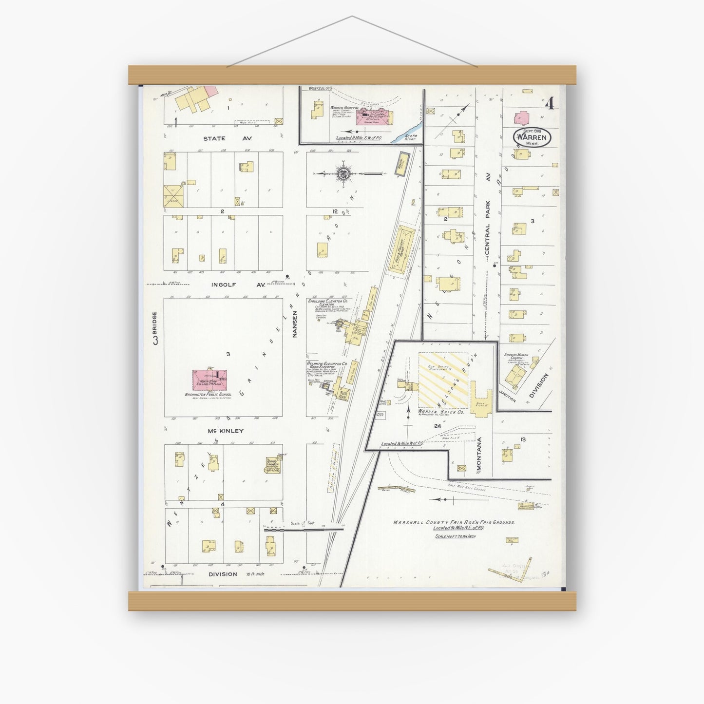 Old map wall art mockup — magnetic wood frame on white wall — Sanborn Fire Insurance Map from Warren, Marshall County, Minnesota (1909), Sheet #0004