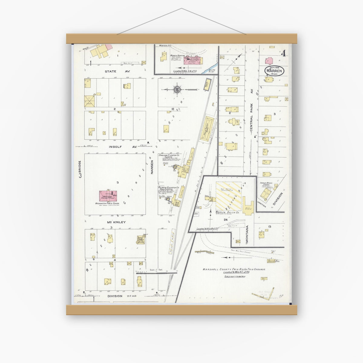 Old map wall art mockup — magnetic wood frame on white wall — Sanborn Fire Insurance Map from Warren, Marshall County, Minnesota (1909), Sheet #0004