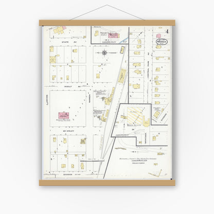 Old map wall art mockup — magnetic wood frame on white wall — Sanborn Fire Insurance Map from Warren, Marshall County, Minnesota (1909), Sheet #0004