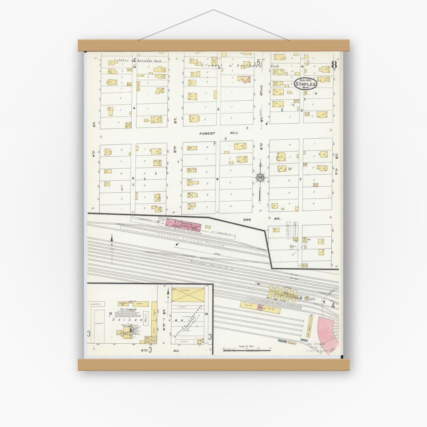 Old map wall art mockup — magnetic wood frame on white wall — Sanborn Fire Insurance Map from Staples, Todd County, Minnesota (1909), Sheet #0008