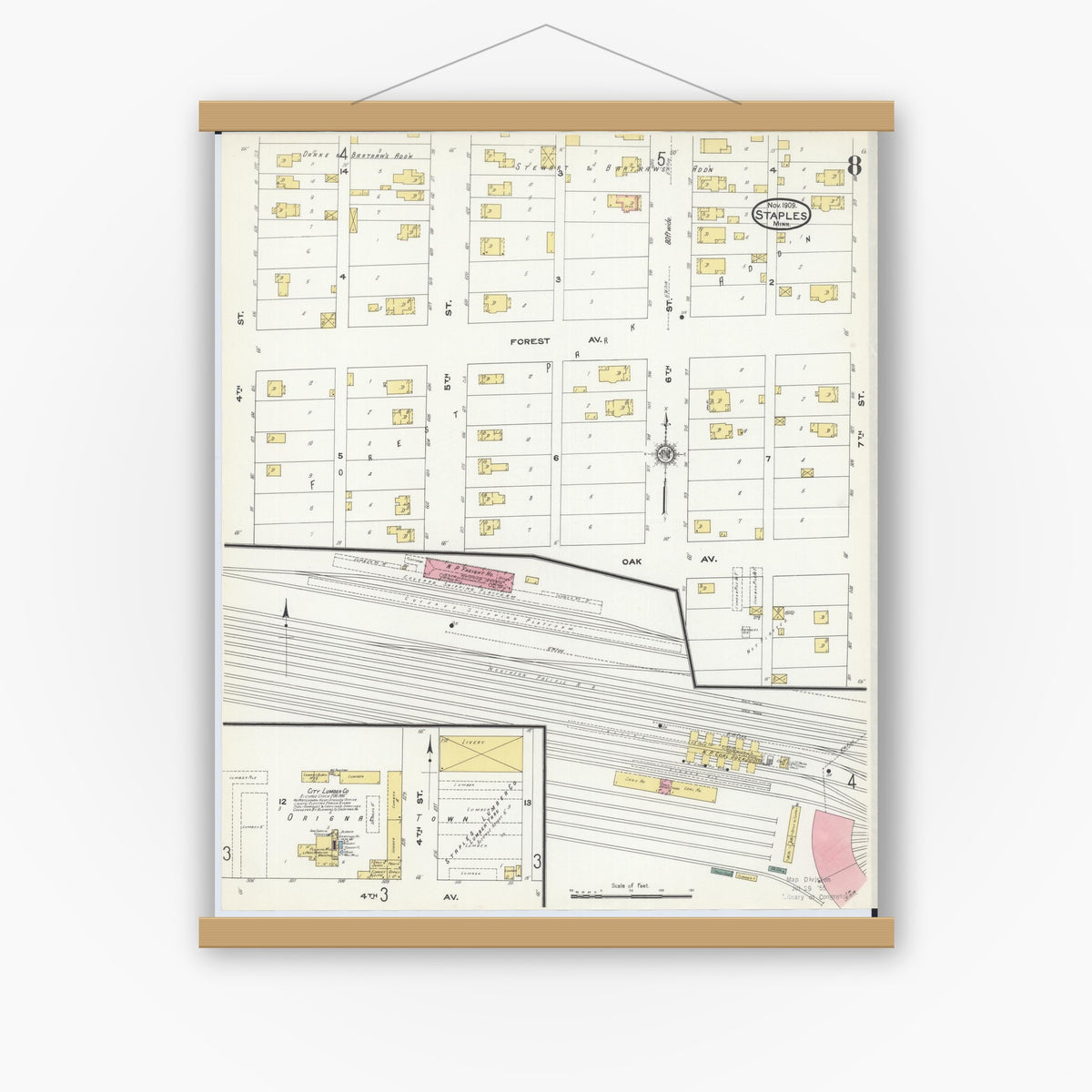 Old map wall art mockup — magnetic wood frame on white wall — Sanborn Fire Insurance Map from Staples, Todd County, Minnesota (1909), Sheet #0008