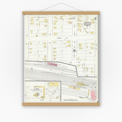 Old map wall art mockup — magnetic wood frame on white wall — Sanborn Fire Insurance Map from Staples, Todd County, Minnesota (1909), Sheet #0008