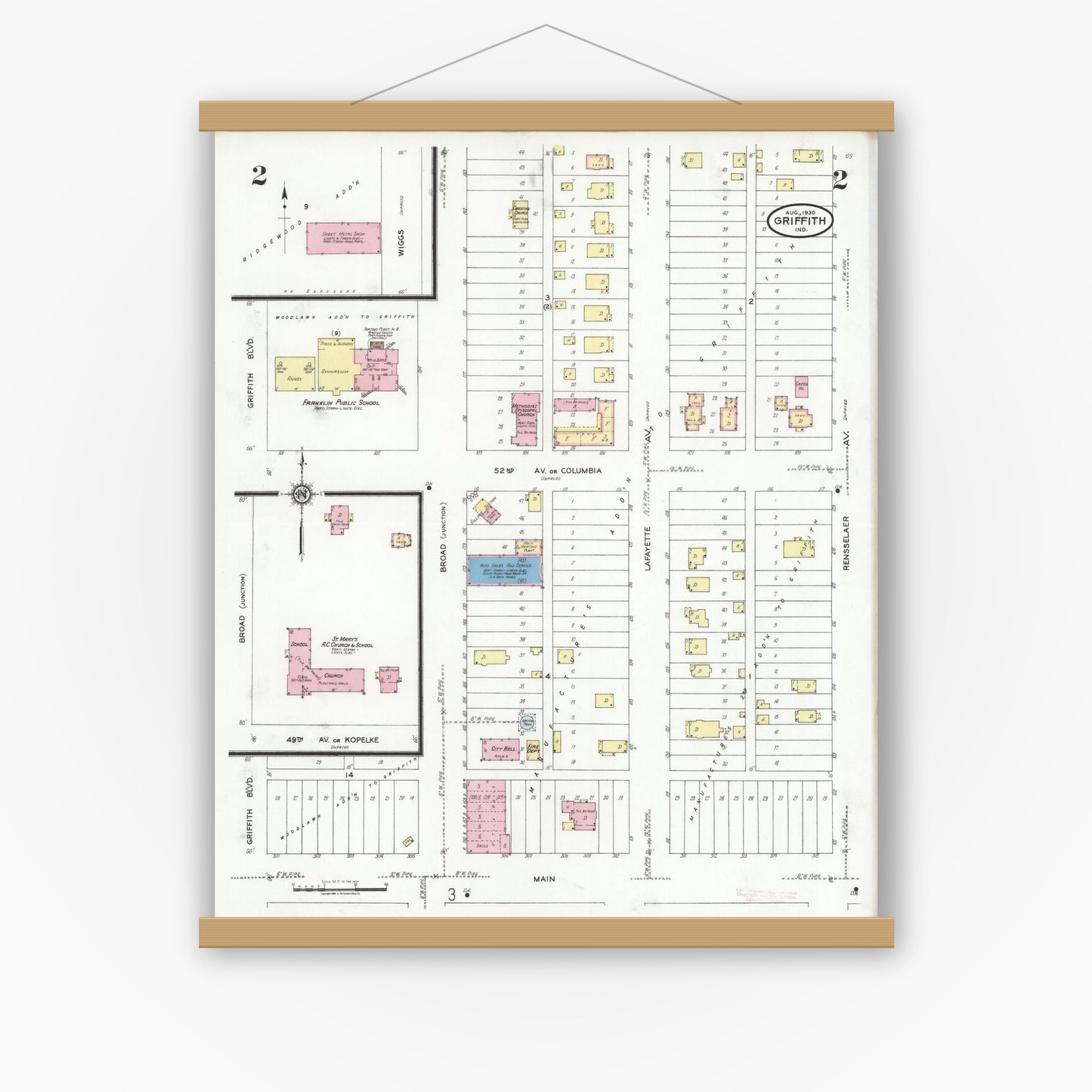 Old map wall art mockup — magnetic wood frame on white wall — Sanborn Fire Insurance Map from Griffith, Lake County, Indiana (1930), Sheet #0002