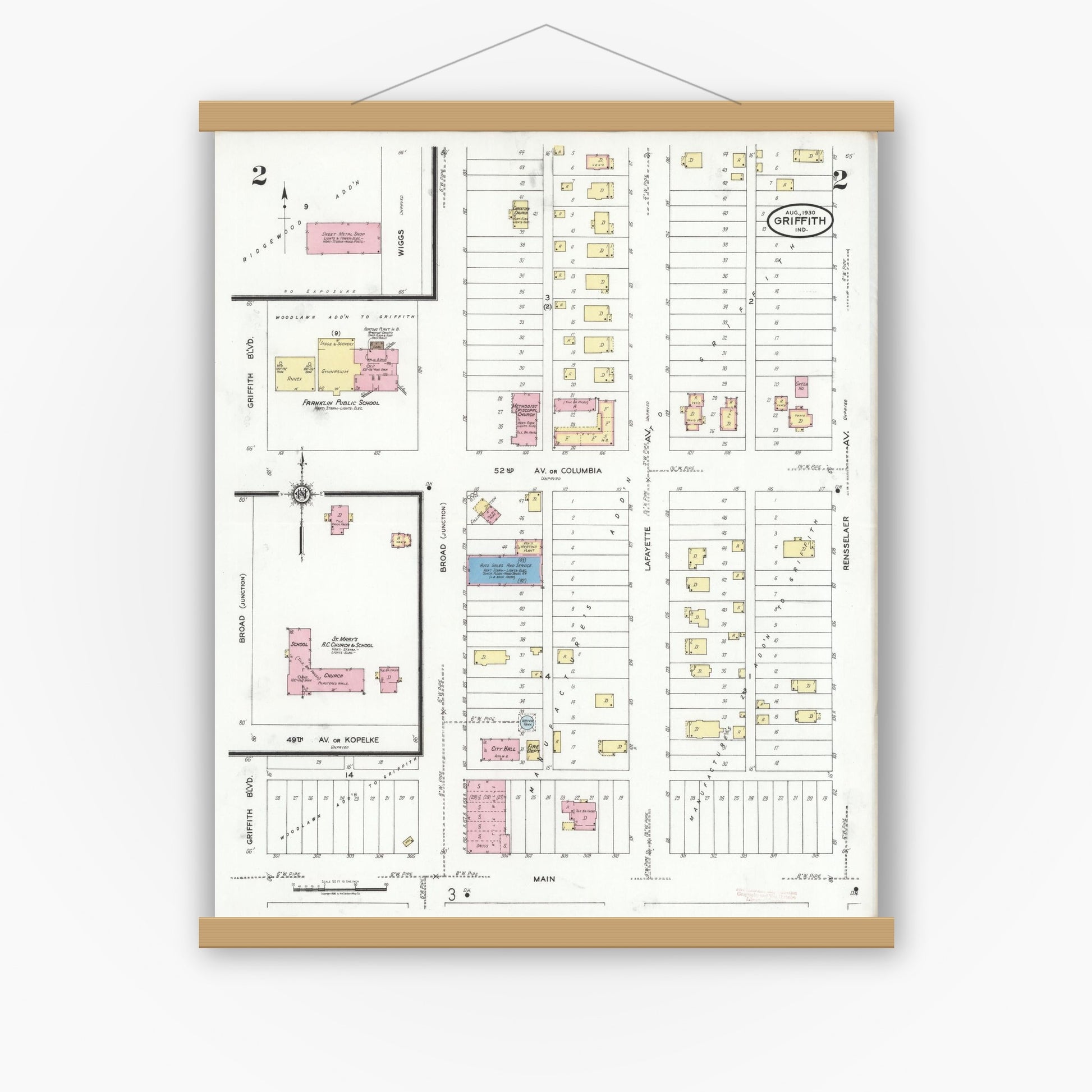 Old map wall art mockup — magnetic wood frame on white wall — Sanborn Fire Insurance Map from Griffith, Lake County, Indiana (1930), Sheet #0002