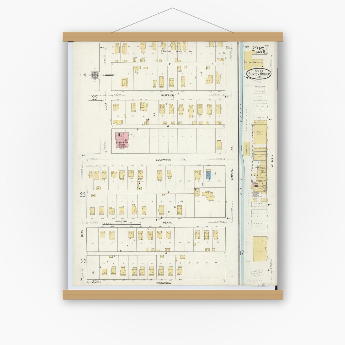 Old map wall art mockup — magnetic wood frame on white wall — Sanborn Fire Insurance Map from Benton Harbor, Berrien County, Michigan (1911), Sheet #0025