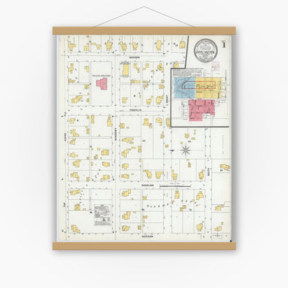 Old map wall art mockup — magnetic wood frame on white wall — Sanborn Fire Insurance Map from Darlington, Montgomery County, Indiana (1902), Sheet #0001