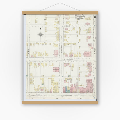 Old map wall art mockup — magnetic wood frame on white wall — Sanborn Fire Insurance Map from Bellefontaine, Logan County, Ohio (1887), Sheet #0003