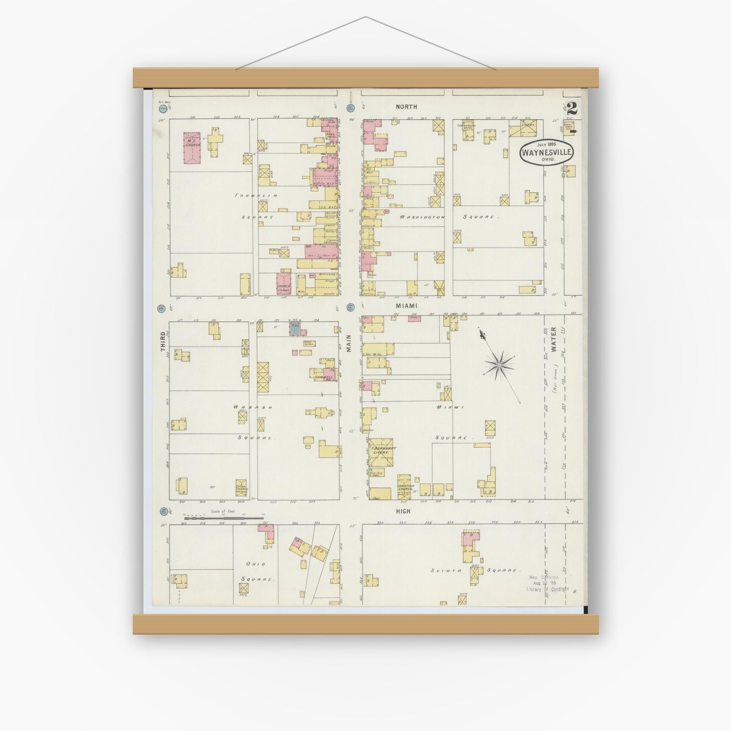 Old map wall art mockup — magnetic wood frame on white wall — Sanborn Fire Insurance Map from Waynesville, Warren County, Ohio (1895), Sheet #0002