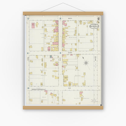 Old map wall art mockup — magnetic wood frame on white wall — Sanborn Fire Insurance Map from Waynesville, Warren County, Ohio (1895), Sheet #0002