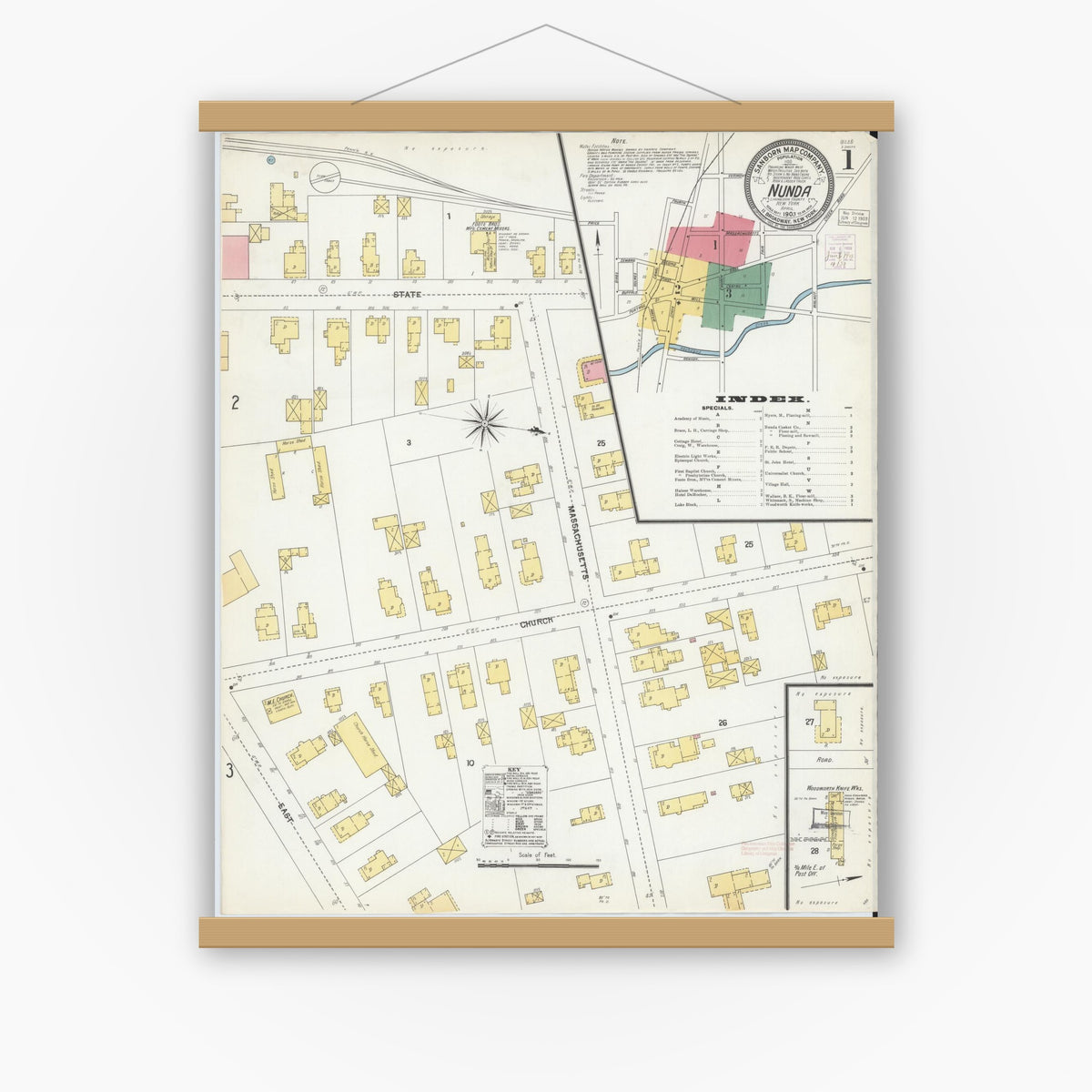 Old map wall art mockup — magnetic wood frame on white wall — Sanborn Fire Insurance Map from Nunda, Livingston County, New York (1903) - Complete Map Set