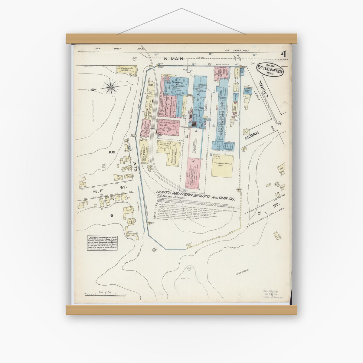 Old map wall art mockup — magnetic wood frame on white wall — Sanborn Fire Insurance Map from Stillwater, Washington County, Minnesota (1884), Sheet #0004