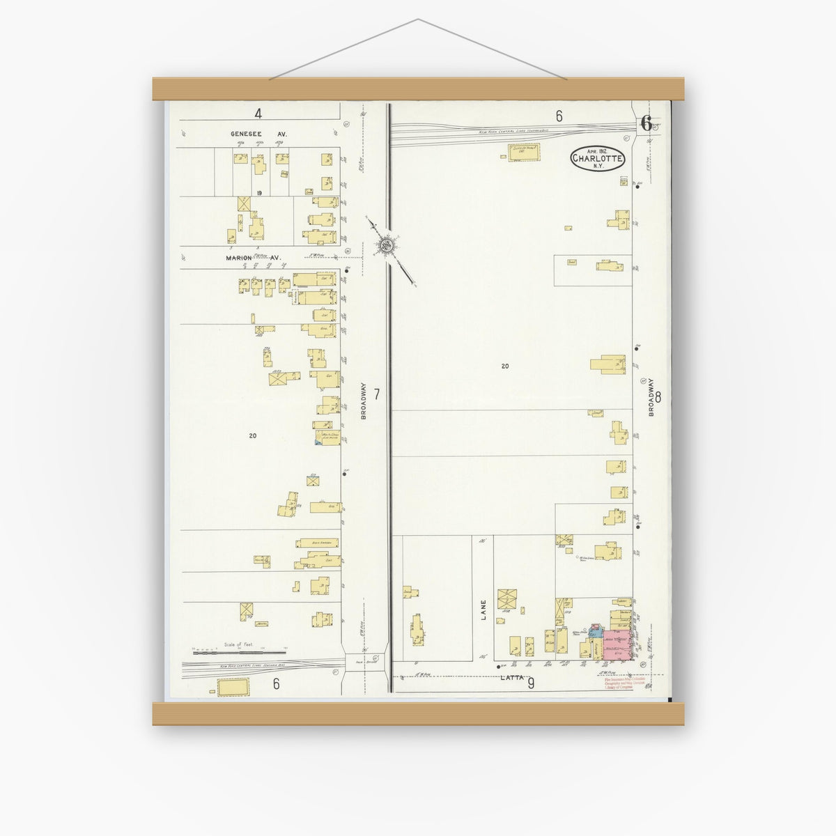 Old map wall art mockup — magnetic wood frame on white wall — Sanborn Fire Insurance Map from Charlotte, Monroe County, New York (1912), Sheet #0006