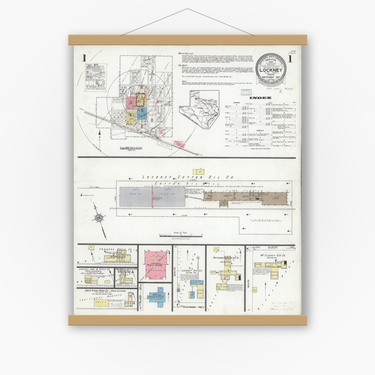 Old map wall art mockup — magnetic wood frame on white wall — Sanborn Fire Insurance Map from Lockney, Floyd County, Texas (1927), Sheet #0001