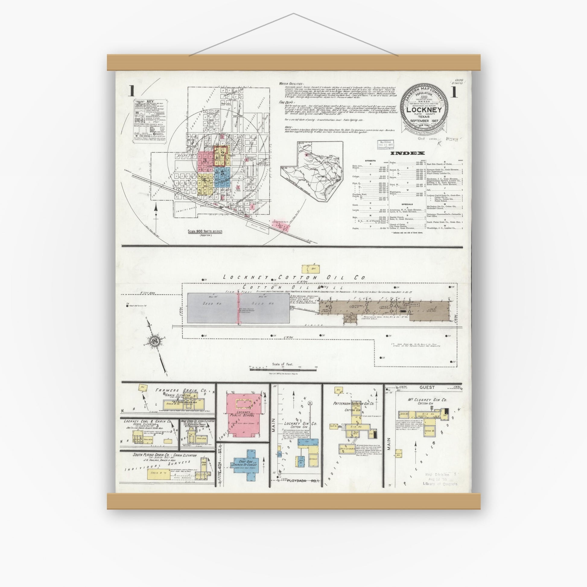 Old map wall art mockup — magnetic wood frame on white wall — Sanborn Fire Insurance Map from Lockney, Floyd County, Texas (1927), Sheet #0001