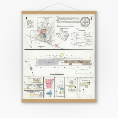 Old map wall art mockup — magnetic wood frame on white wall — Sanborn Fire Insurance Map from Lockney, Floyd County, Texas (1927), Sheet #0001