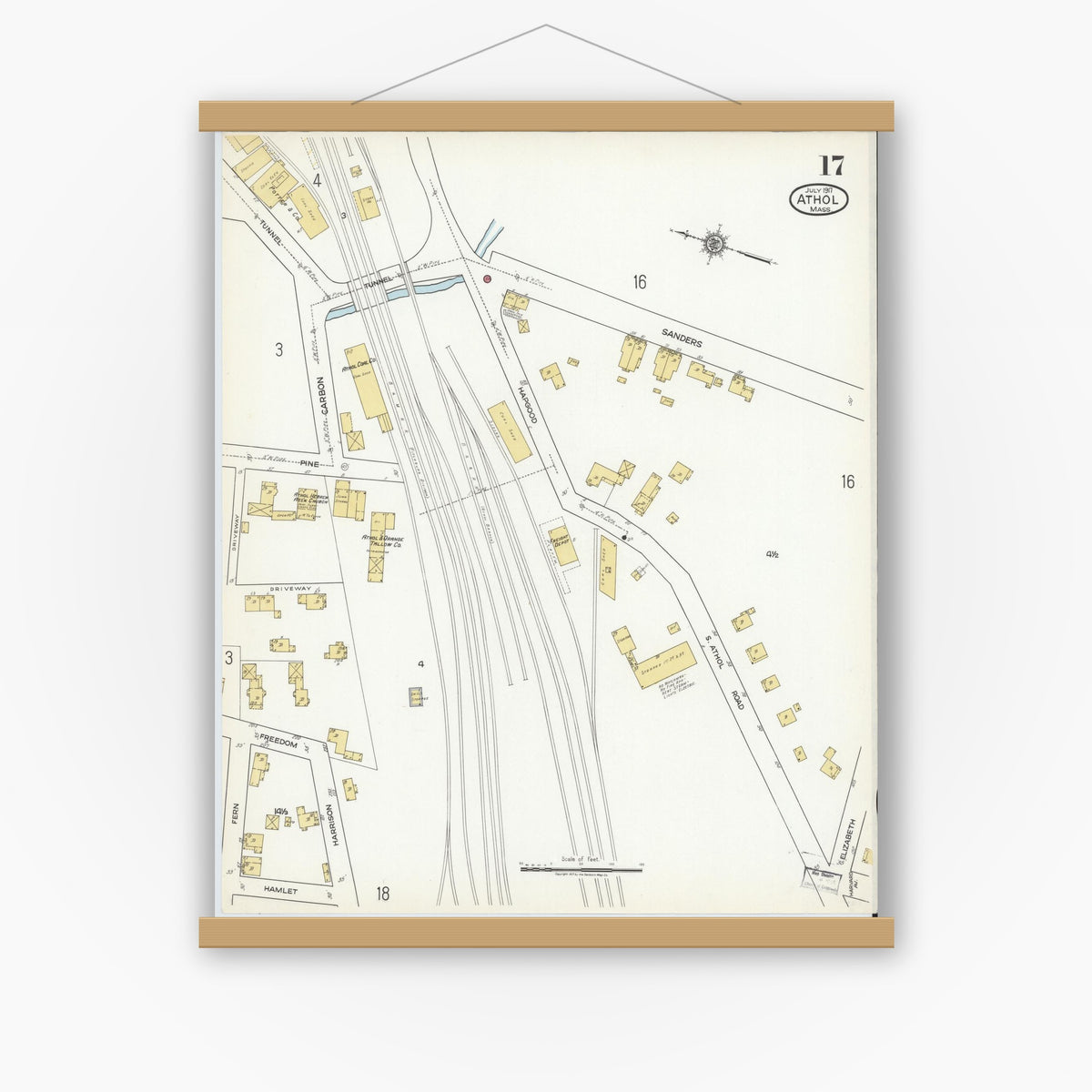 Old map wall art mockup — magnetic wood frame on white wall — Sanborn Fire Insurance Map from Athol, Worcester County, Massachusetts (1917), Sheet #0017