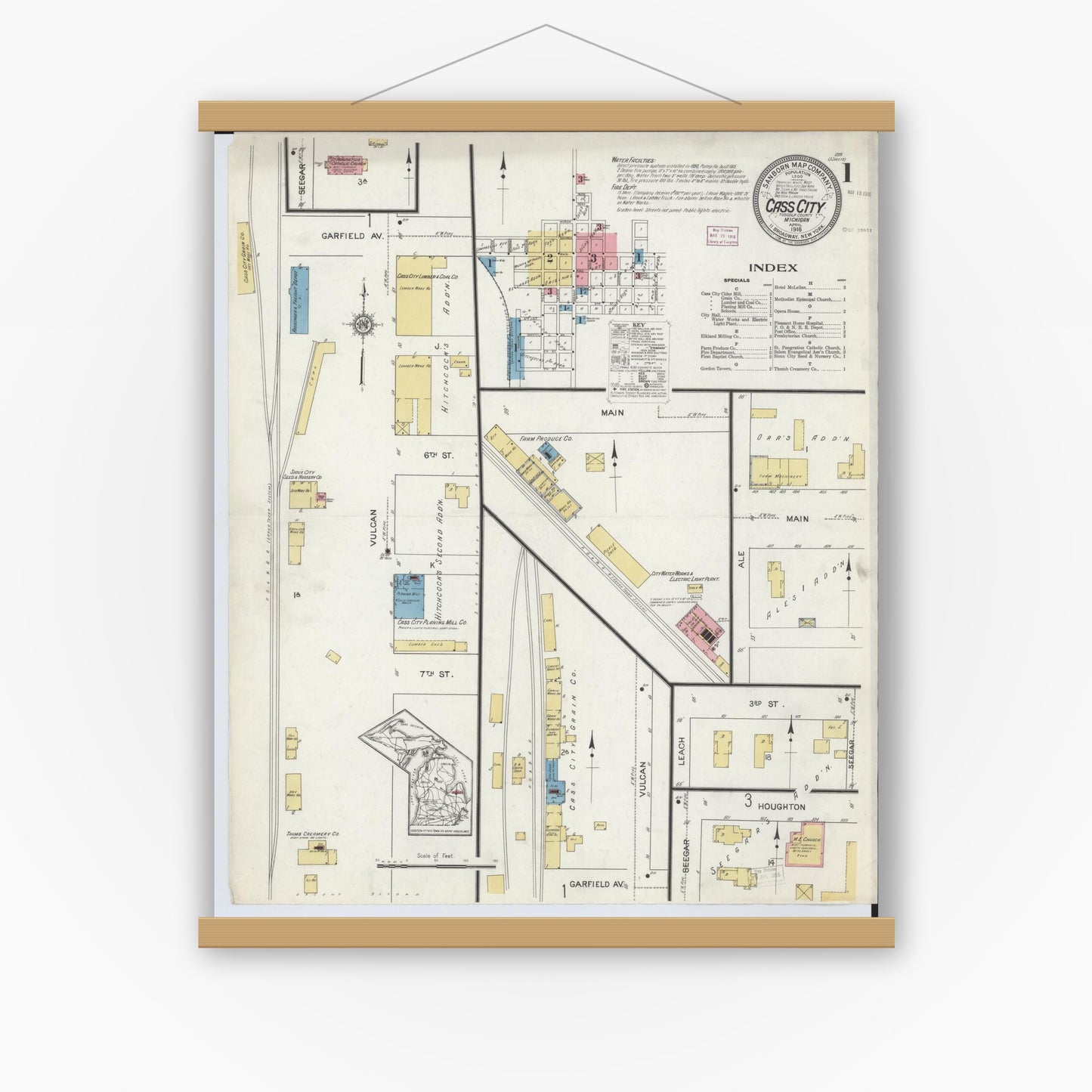 Old map wall art mockup — magnetic wood frame on white wall — Sanborn Fire Insurance Map from Cass City, Tuscola County, Michigan (1916) - Complete Map Set