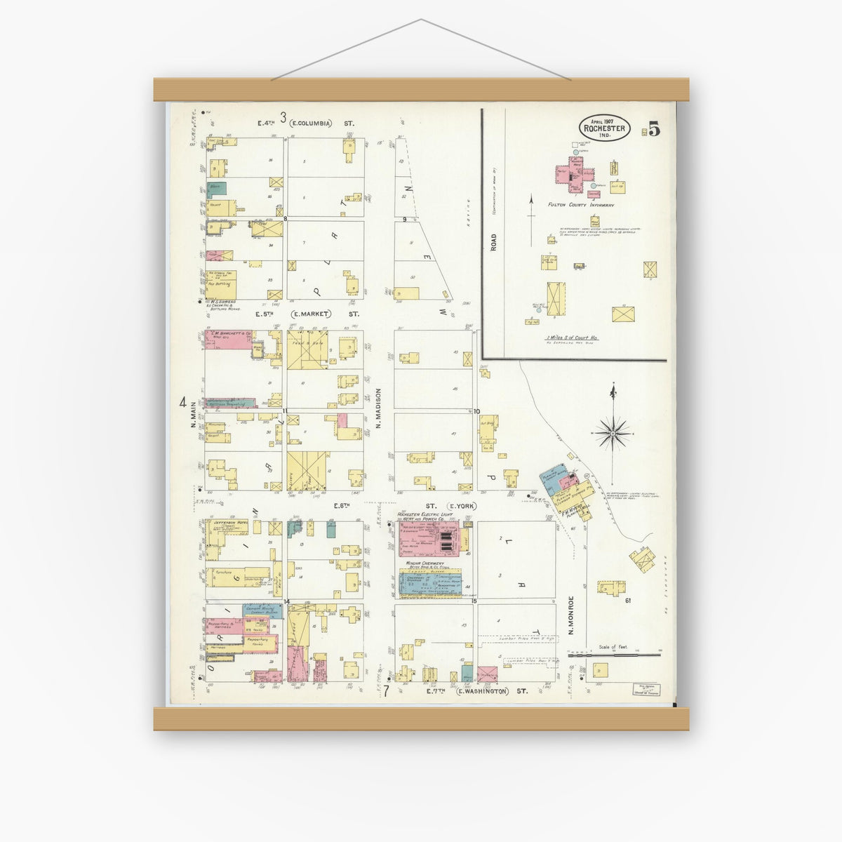 Old map wall art mockup — magnetic wood frame on white wall — Sanborn Fire Insurance Map from Rochester, Fulton County, Indiana (1907), Sheet #0005