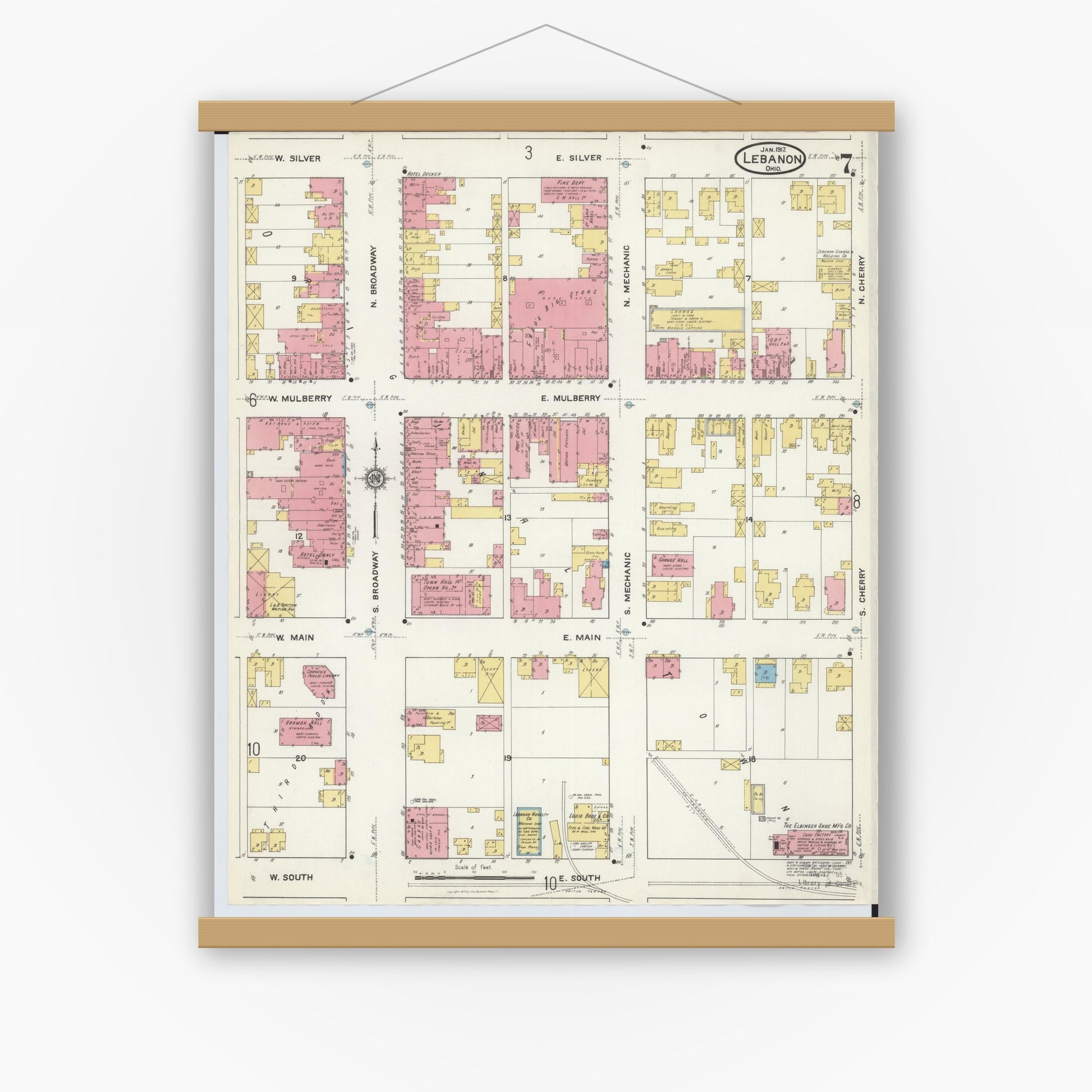 Old map wall art mockup — magnetic wood frame on white wall — Sanborn Fire Insurance Map from Lebanon, Warren County, Ohio (1917), Sheet #0007