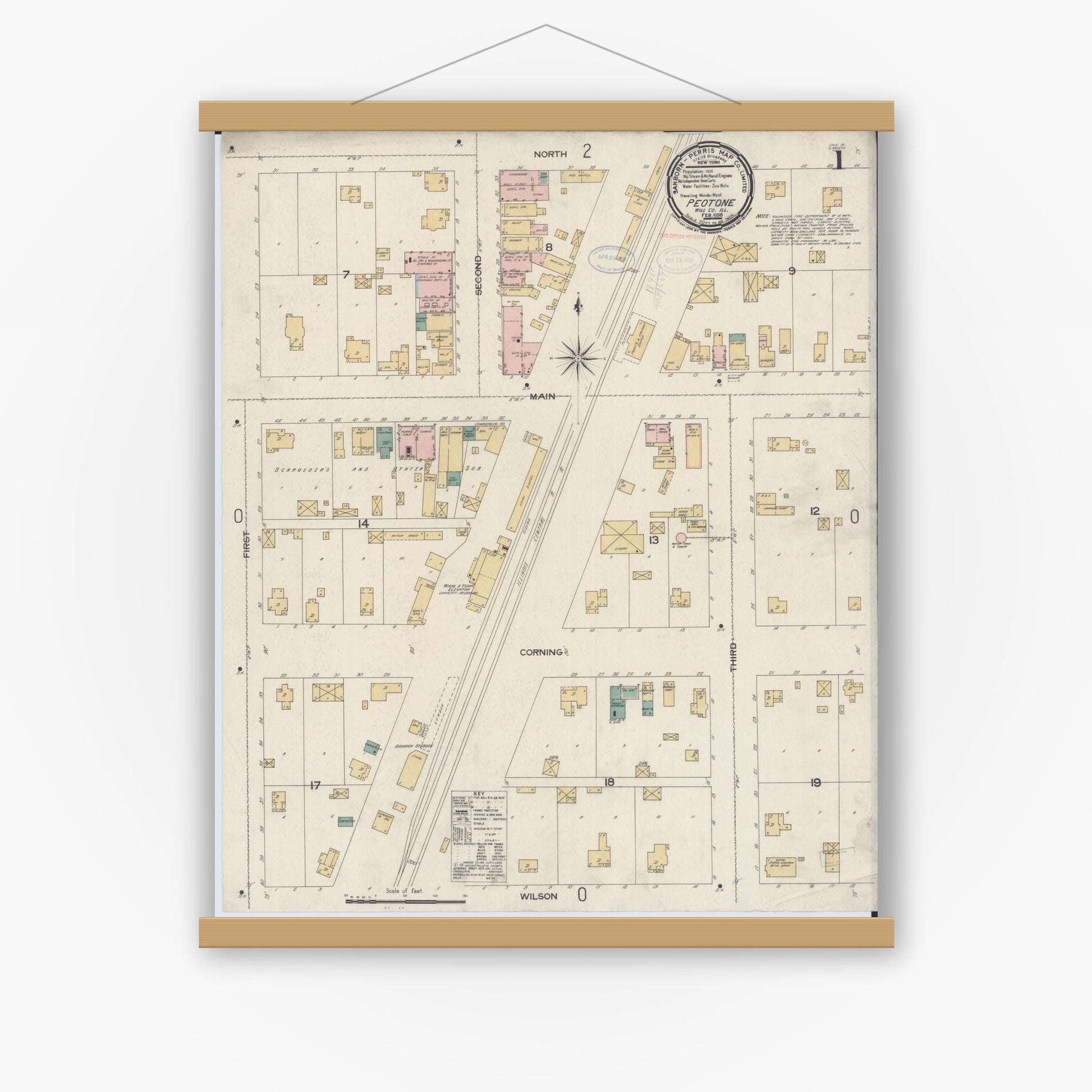 Old map wall art mockup — magnetic wood frame on white wall — Sanborn Fire Insurance Map from Peotone, Will County, Illinois (1898), Sheet #0001