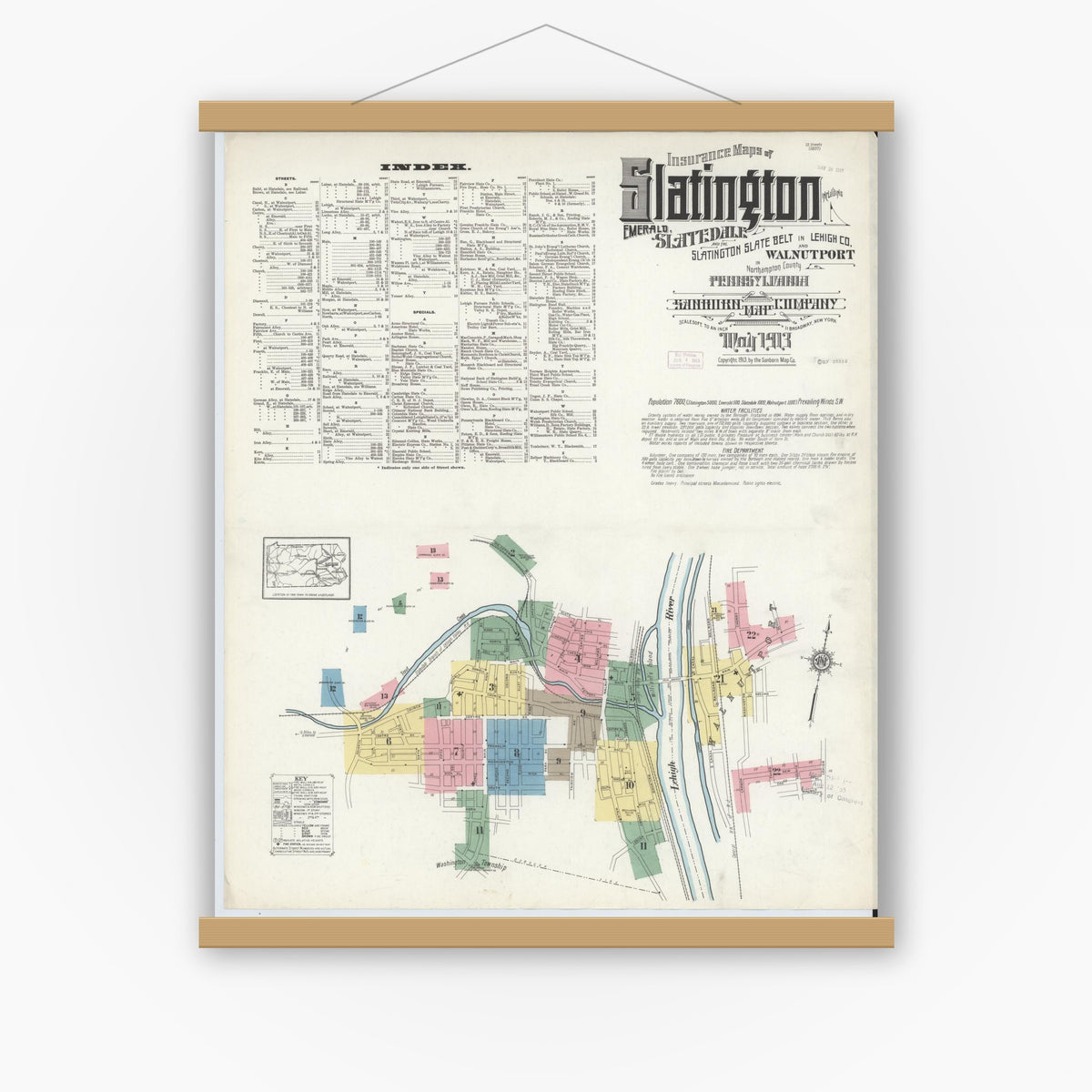 Old map wall art mockup — magnetic wood frame on white wall — Sanborn Fire Insurance Map from Slatington, Lehigh County, Pennsylvania (1913), Sheet #0001