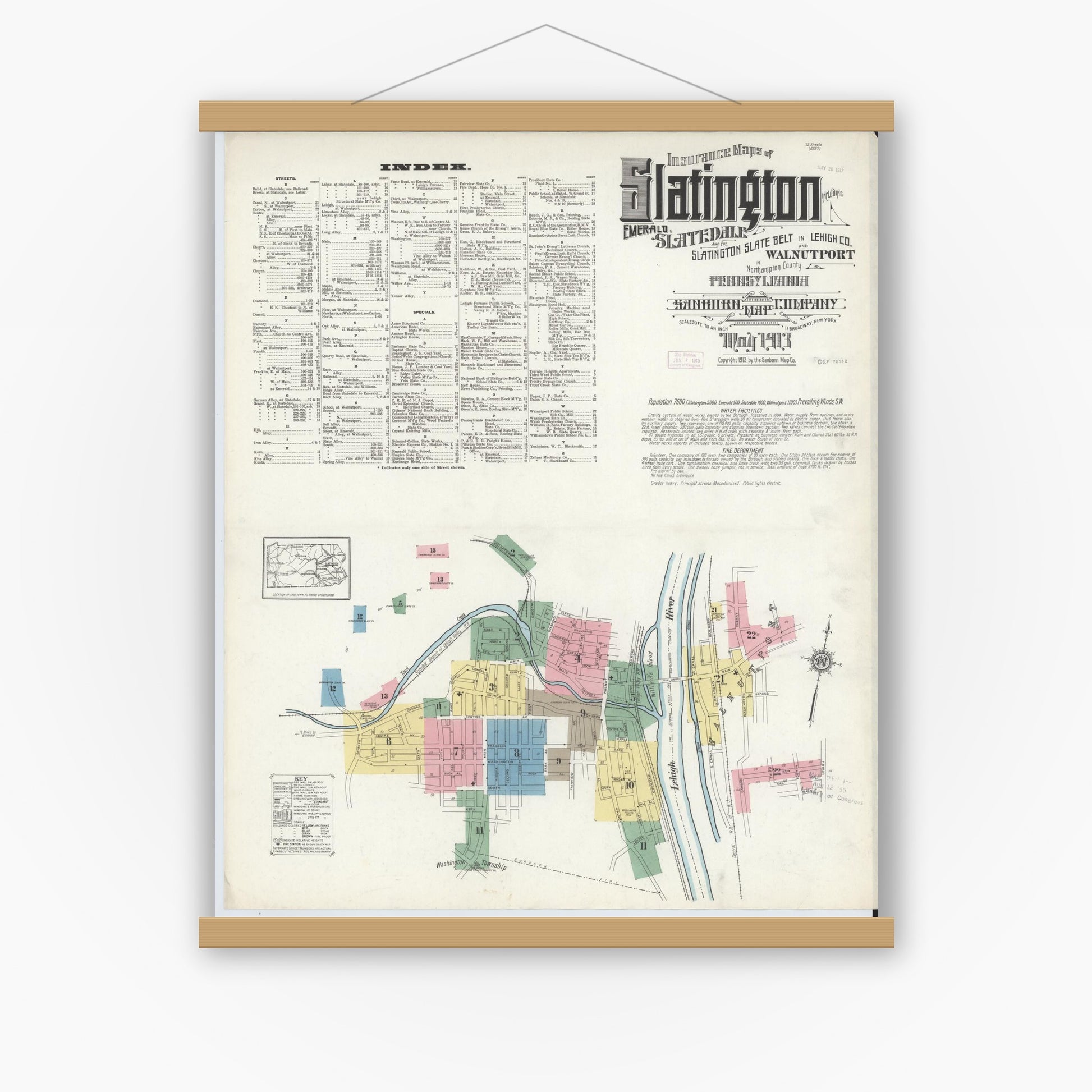 Old map wall art mockup — magnetic wood frame on white wall — Sanborn Fire Insurance Map from Slatington, Lehigh County, Pennsylvania (1913), Sheet #0001