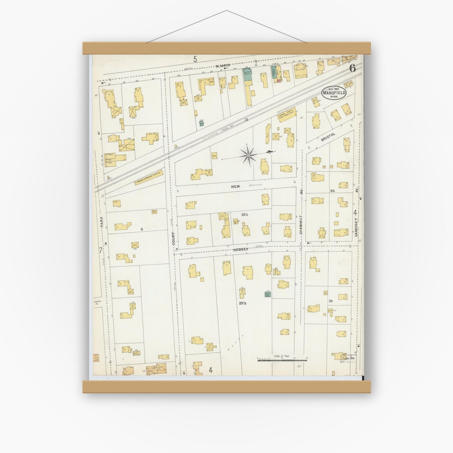 Old map wall art mockup — magnetic wood frame on white wall — Sanborn Fire Insurance Map from Mansfield, Bristol County, Massachusetts (1903), Sheet #0006