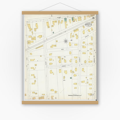 Old map wall art mockup — magnetic wood frame on white wall — Sanborn Fire Insurance Map from Mansfield, Bristol County, Massachusetts (1903), Sheet #0006