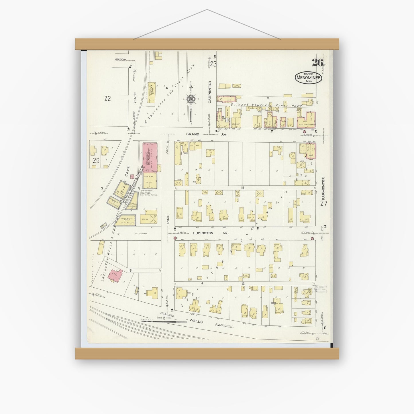 Old map wall art mockup — magnetic wood frame on white wall — Sanborn Fire Insurance Map from Menominee, Menominee County, Michigan (1913), Sheet #0026