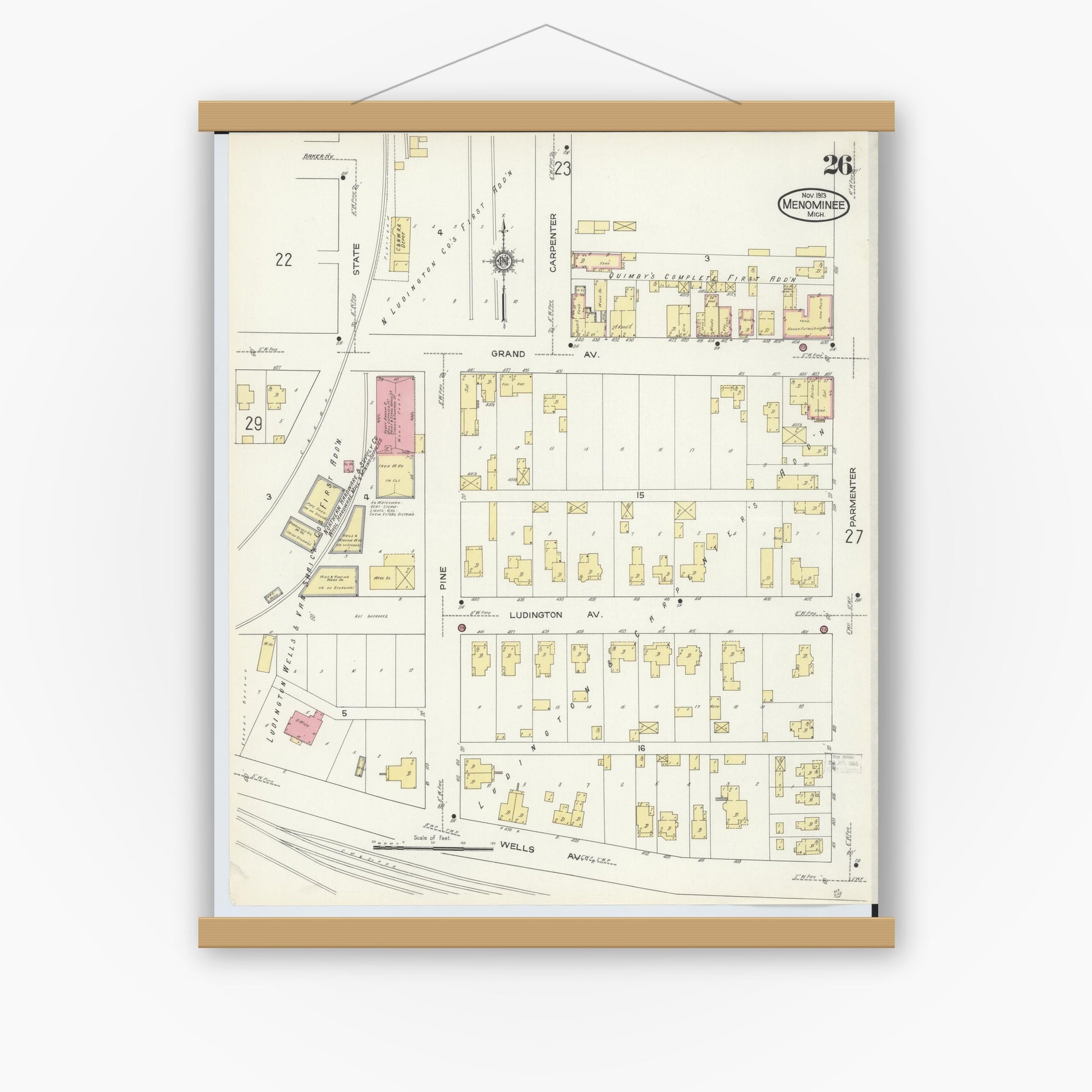 Old map wall art mockup — magnetic wood frame on white wall — Sanborn Fire Insurance Map from Menominee, Menominee County, Michigan (1913), Sheet #0026