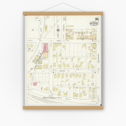 Old map wall art mockup — magnetic wood frame on white wall — Sanborn Fire Insurance Map from Menominee, Menominee County, Michigan (1913), Sheet #0026