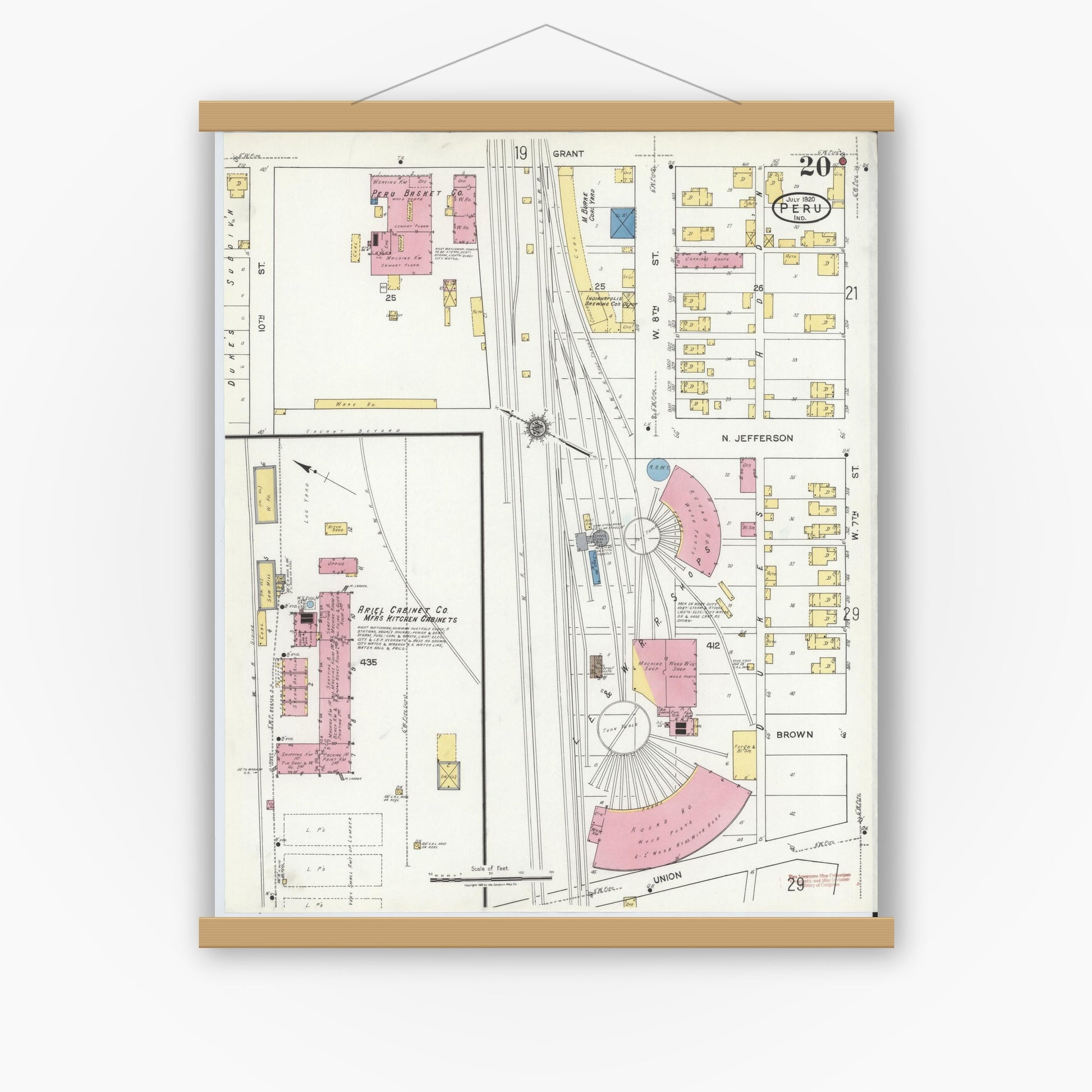Old map wall art mockup — magnetic wood frame on white wall — Sanborn Fire Insurance Map from Peru, Miami County, Indiana (1920), Sheet #0020