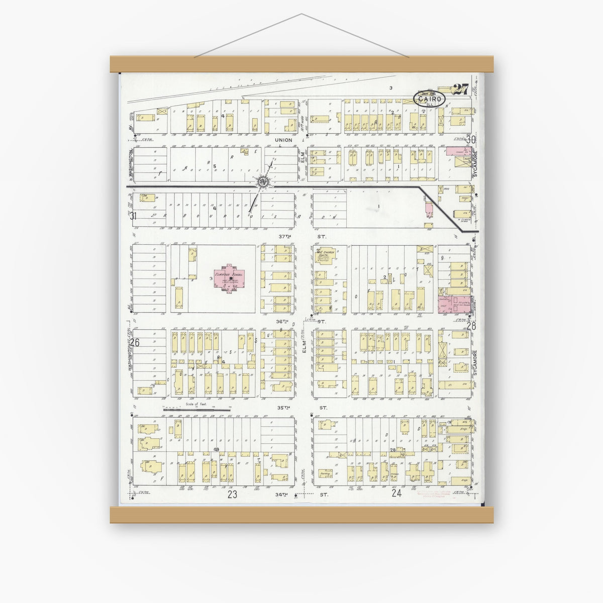 Old map wall art mockup — magnetic wood frame on white wall — Sanborn Fire Insurance Map from Cairo, Alexander County, Illinois (1914), Sheet #0027