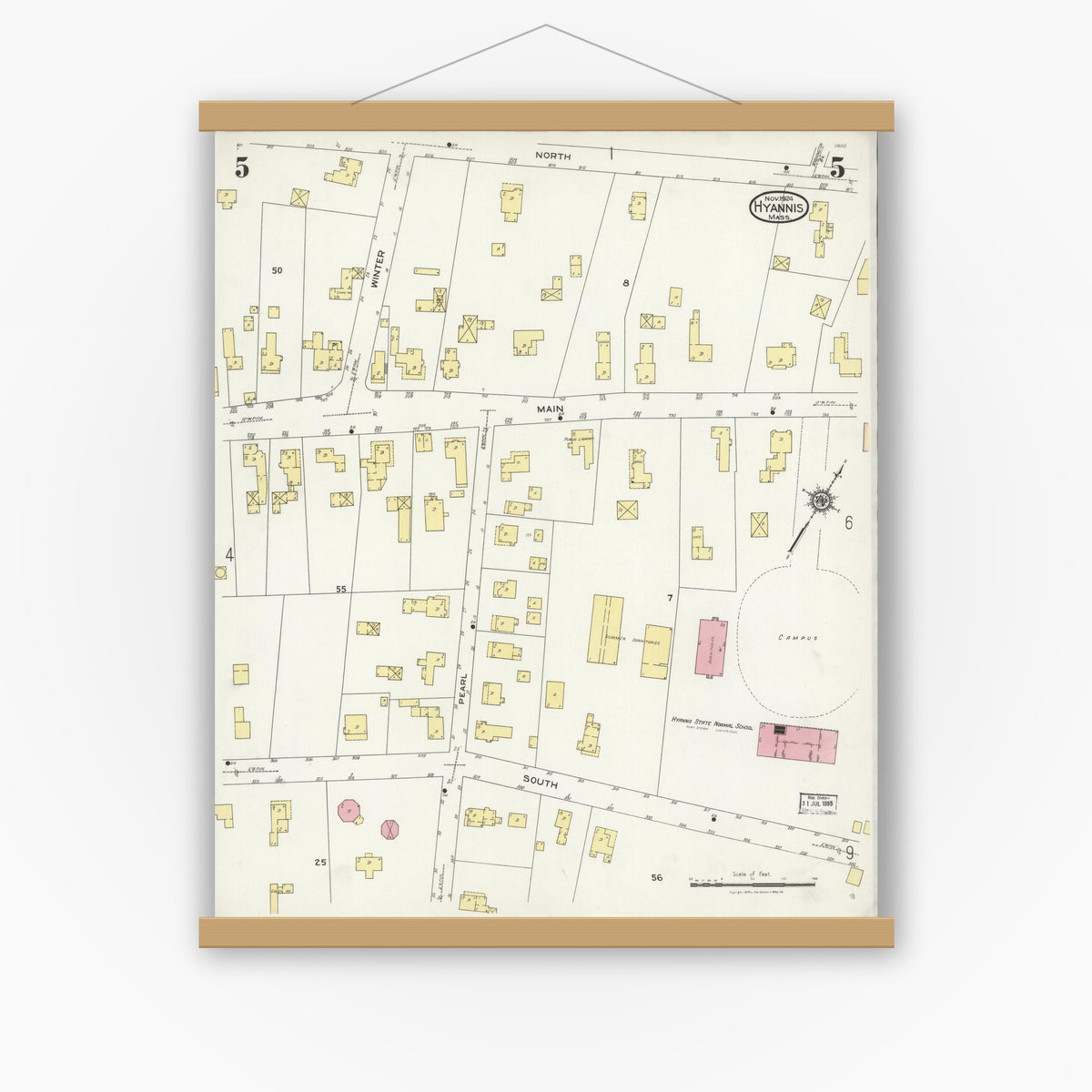 Old map wall art mockup — magnetic wood frame on white wall — Sanborn Fire Insurance Map from Hyannis, Barnstable County, Massachusetts (1924), Sheet #0005
